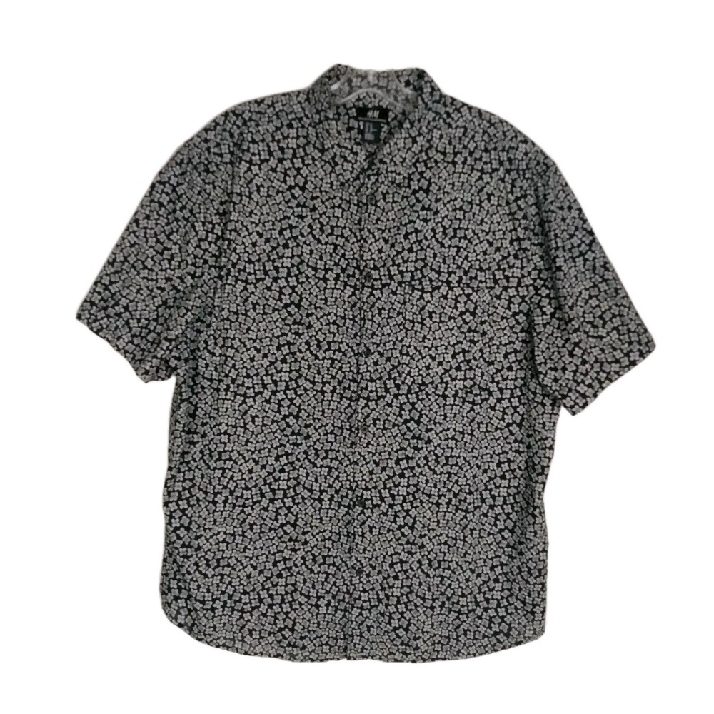 H&M Mens Regular Fit Black Floral Short Sleeve Cotton Shirt Size XL